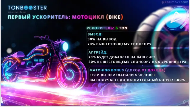 Можно начать свой заработок с ускорителя Bike стоимостью 5 TON или выбрать по своему желанию.

Если хотите заработать быстрее, рекомендуем сразу же приобрести ускоритель Rocket стоимостью 500 TON.