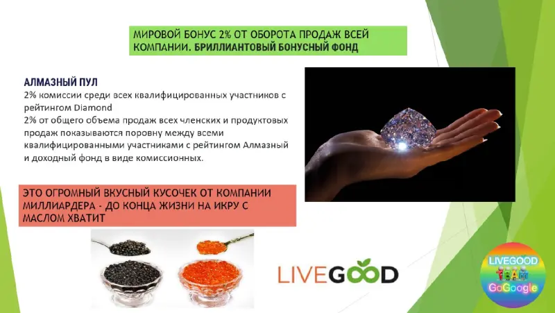 АЛМАЗНЫЙ БОНУС
👉Вы достигаете высшего статуса в компании, и 2% от ОБЩЕГО товарооборота продукции LiveGood и членских взносов распределяется между всеми партнерами со статусом Алмаз ежемесячно 👍👍👍
За первые 3 месяца работы оборот компании принес трем своим Бриллиантам по 28 000$! Каждому!!!